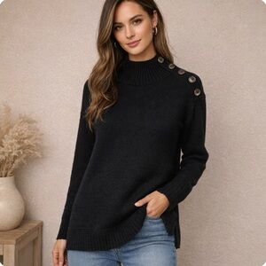 Anthropologie Margarita Mock Neck Button Shoulder Tunic Sweater Black Women's L